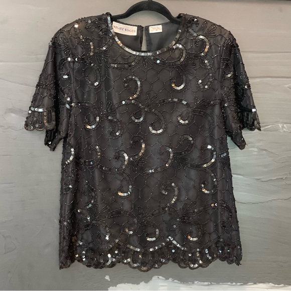 VTG Women's NIGHT VOGUE Shimmering Blk Sequin Beaded Short Sleeve Lined Top Sz M - Picture 1 of 11
